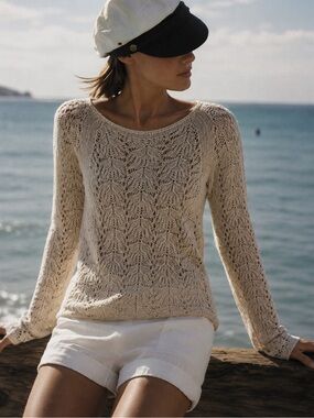 LOFT Ann Taylor 100% Cotton Crochet Knit Sweater in Cream Coastal Cottage XS
